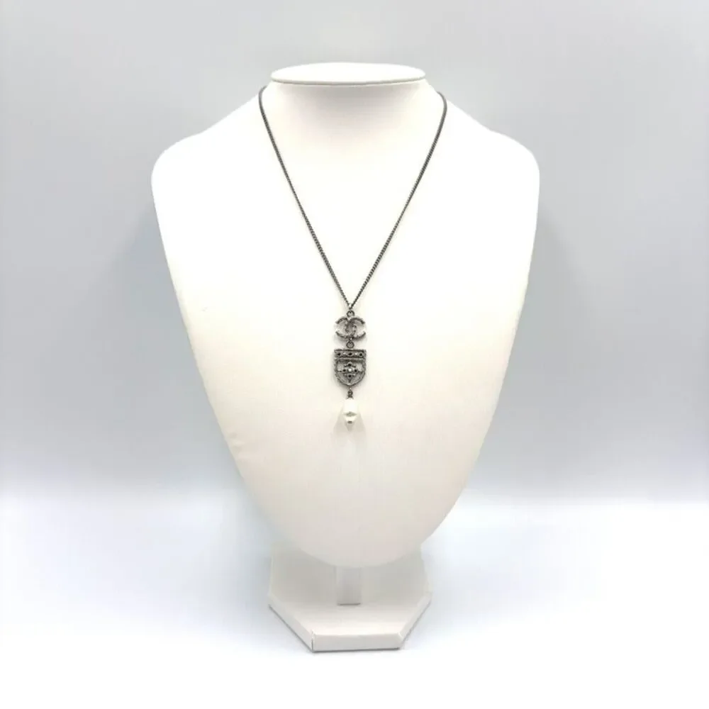 CHANEL Faux Pearl Necklace Silver Metal